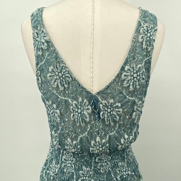 Free People Fit & Flare Mini Dress Floral Lace Beaded V Neck Sheer Teal Medium - Picture 7 of 8